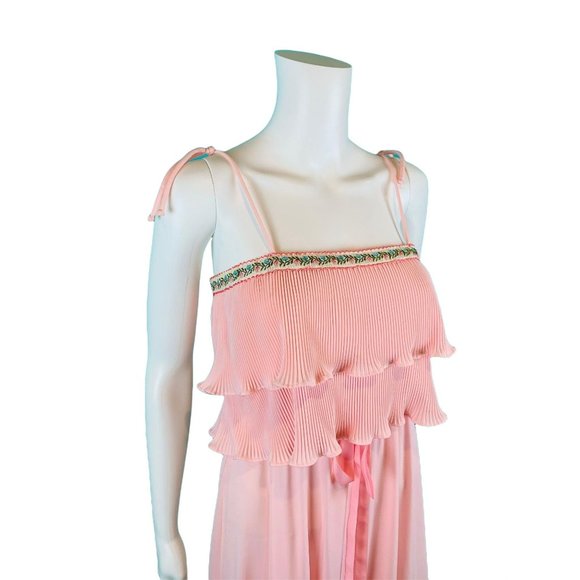 Vintage 70s Maxi Dress Womens S Light Pink Accordion Pleat Flutter Bodice Vicky - Picture 4 of 10